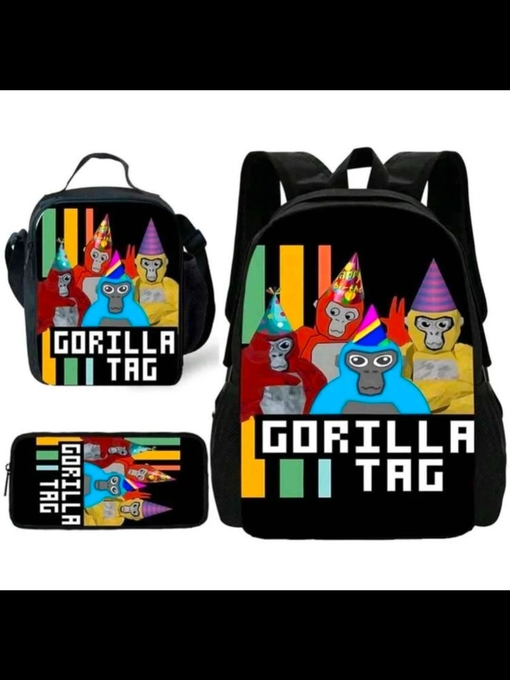 Gorilla Tag Kids Black Backpack Set with Colorful Party Gorillas